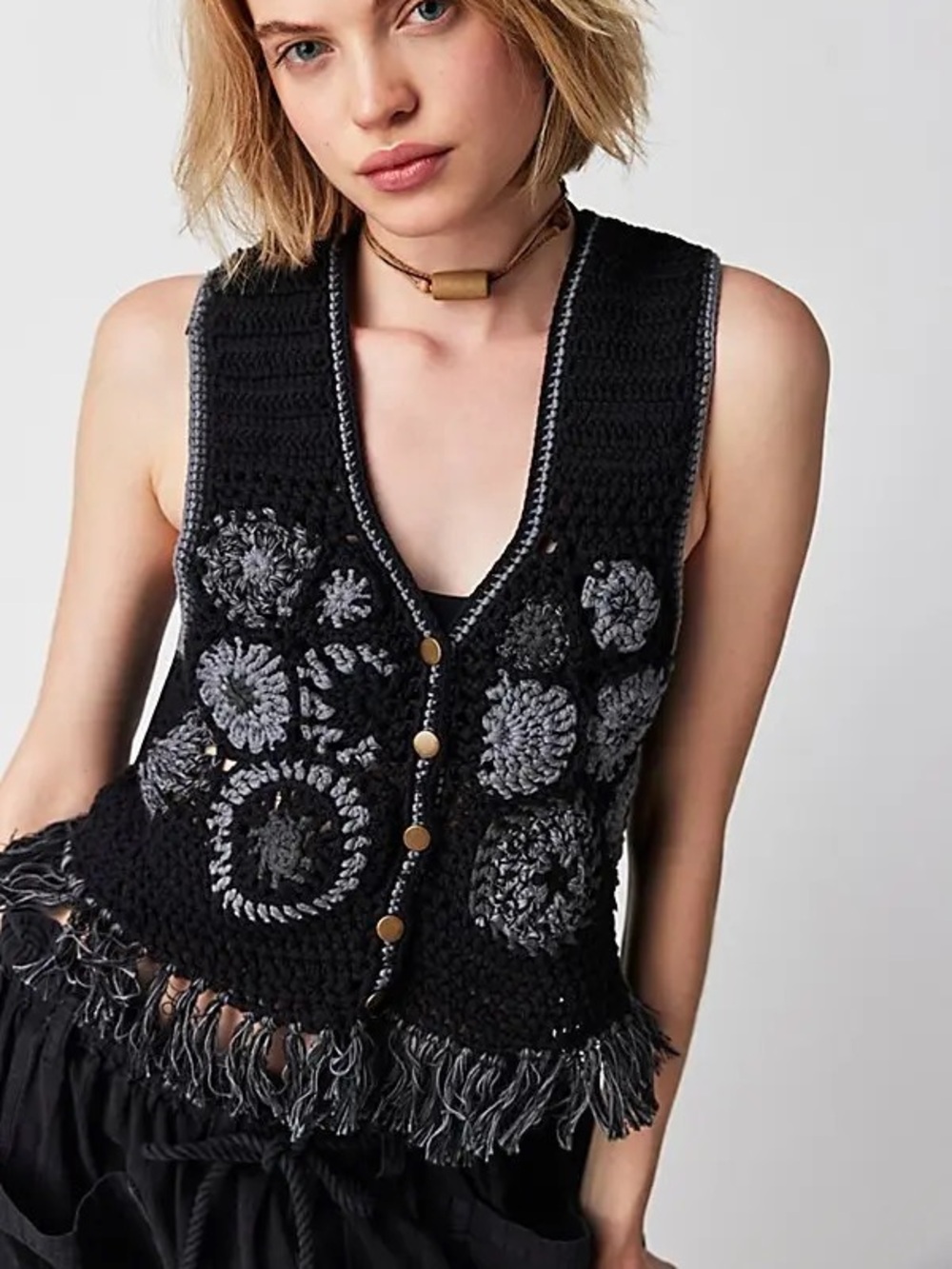 Free People Black Desert Rose Crochet Boho Sweater Vest XS